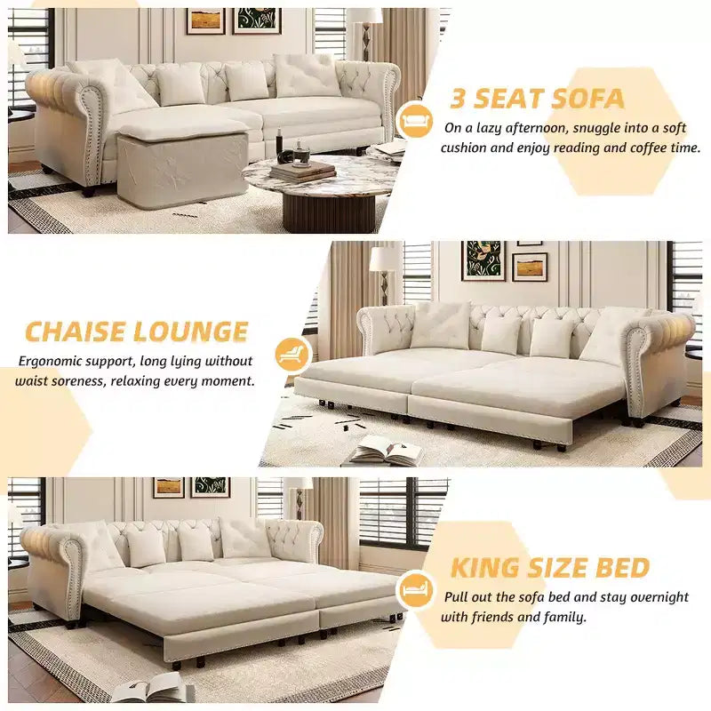 Whisen Velvet 3-in-1 Schlafsofa und wandelbares Schlafsofa im Kingsize-Format mit ausziehbarem Ottomane, getuftetem Design