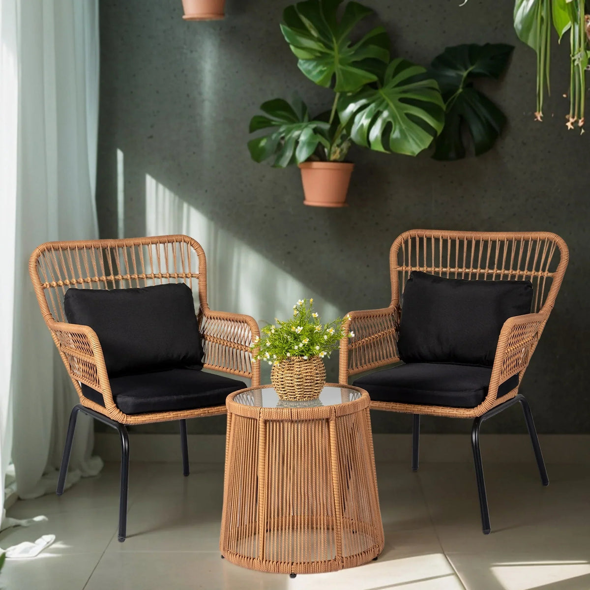 3-teiliges Outdoor-Bistro-Set aus Korbstühlen, witterungsbeständige Rattanmöbel-Sitzgruppe mit Kissen
