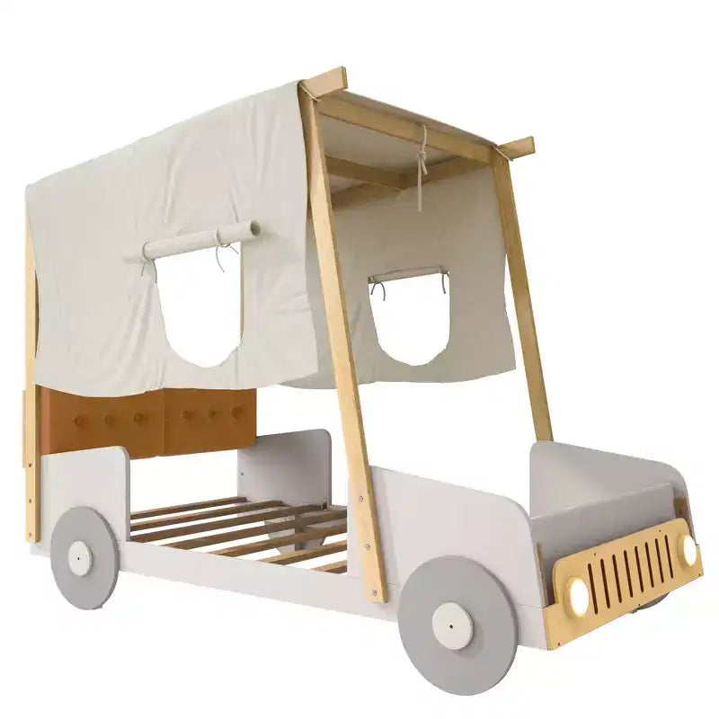 Whisen Holzauto-Bett mit Kissen, Himmelsstoff und LED – Natur