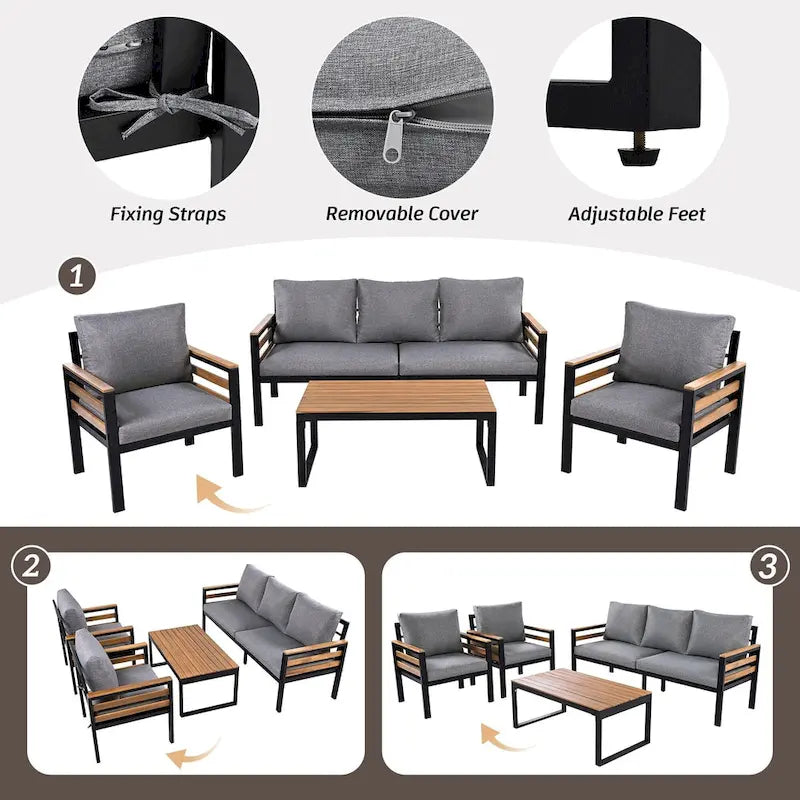 4-teiliges Outdoor-Sofa-Set für 5 Personen mit Couchtisch aus Massivholz und abnehmbaren Kissen