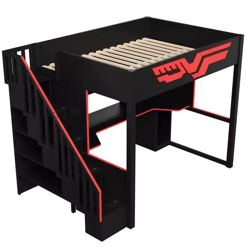 Vollständiges Gaming-Hochbett mit Schreibtisch und LED-Beleuchtung, großes Hochbett aus Holz mit Treppe und Stauraumtreppe sowie USB-Anschluss, Rot+Schwarz