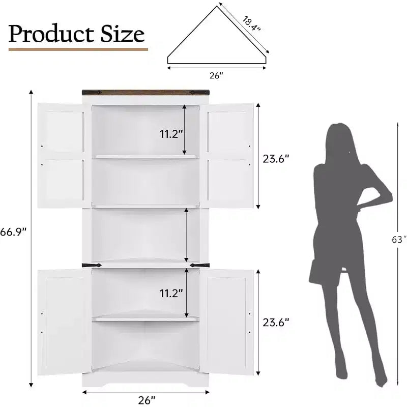 69" Hoher Eckschrank, Bauernhaus-Eckschrank, platzsparender Stauraum, Glastür, verstellbare Einlegeböden, für Wohnzimmer, Küche
