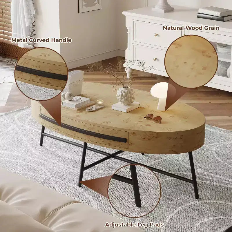 Acekool Ovaler Couchtisch mit Schublade, 120 cm Holz-Ablagetisch mit gekreuzten Metallbeinen, Mid-Century Modern Beistelltisch in Natur & Golden Willow