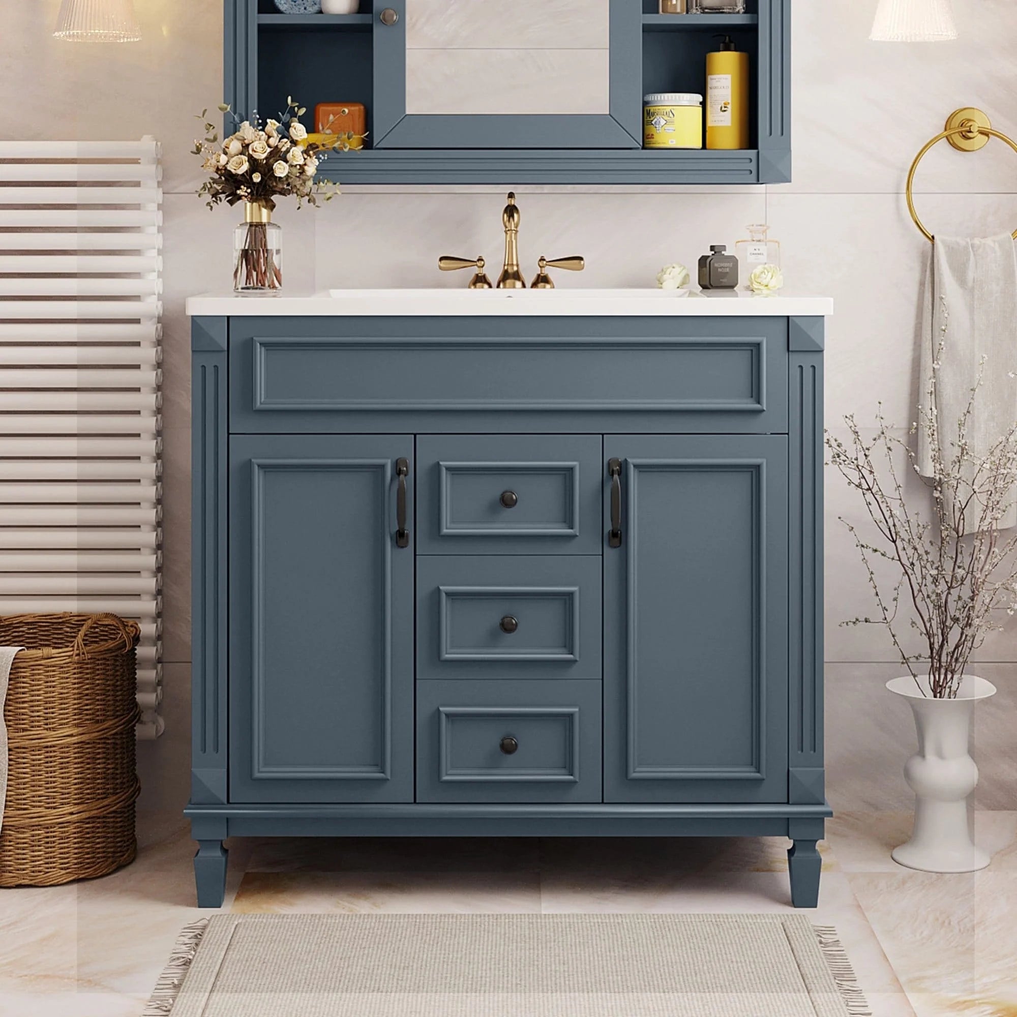 Moderner 36'' Badschrank mit Aufsatzwaschbecken und Spiegelschrank, 2 Türen und 2 Schubladen