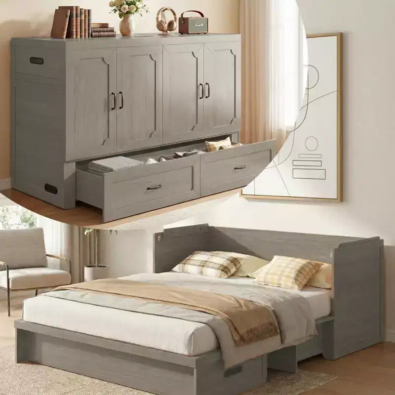Mjkone Queen-Size-Schrankbett mit Matratze, USB-Ladeanschluss und Aufbewahrungsschubladen