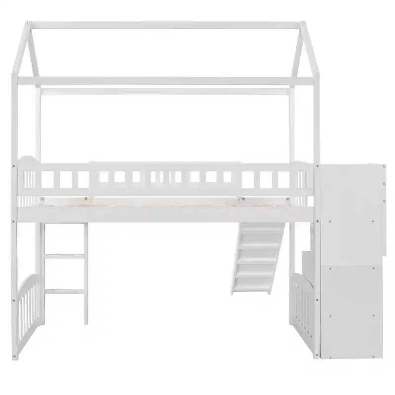 Doppelhaus-Hochbett mit Rutsche und Treppe, Hochbett mit Aufbewahrungsschubladen, Holzhaus-Hochbett für Kinder und Kleinkinder