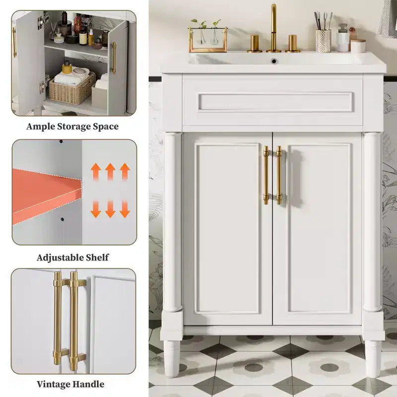 24-Zoll-Badezimmerwaschtisch mit Keramikwaschbecken, Shaker-Schrank, 2 Soft-Close-Türen, Massivholzrahmen für kleines Bad oder Gästetoilette