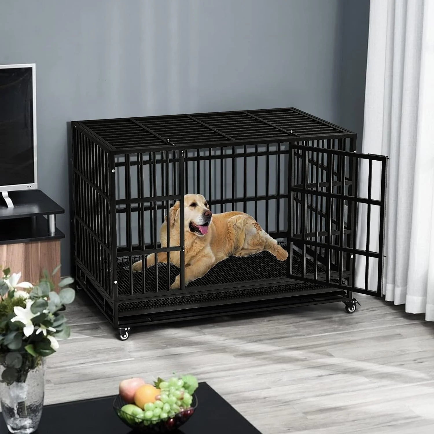 BOSSIN 48/38 Zoll Schwerlast-Hundebox, unverwüstlich, ausbruchsicher, mit feststellbaren Rollen