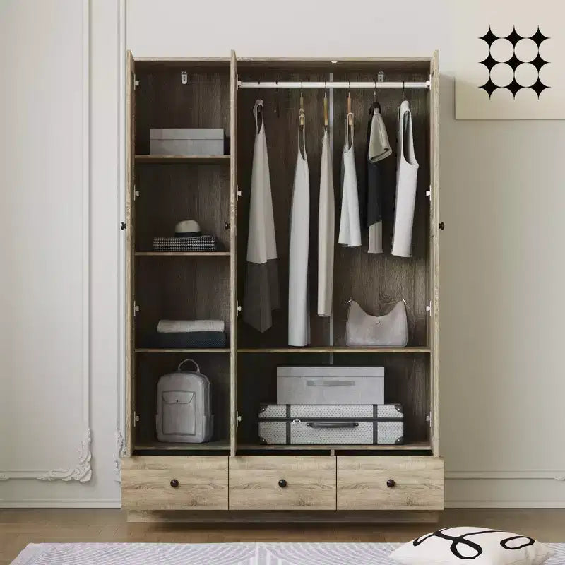 Famapy Rattan Kleiderschrank mit 3 Schubladen, 3 atmungsaktiven Rattan-Türen, Hochschrank im Bauernhausstil für das Schlafzimmer