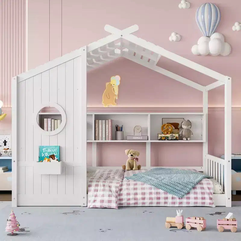 Twin/Full Size Hausbett Plattform-Bettrahmen Kleinkind-Bodenbett Kinder Montessori Bett Spielhausbett mit Ablagefach – ModernLuxe