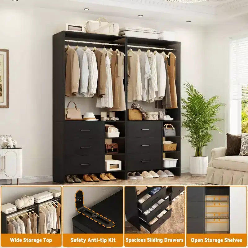 Besiost 4er-Set Kleiderschrank-Organizer mit Holzschubladen und Kleiderstangen