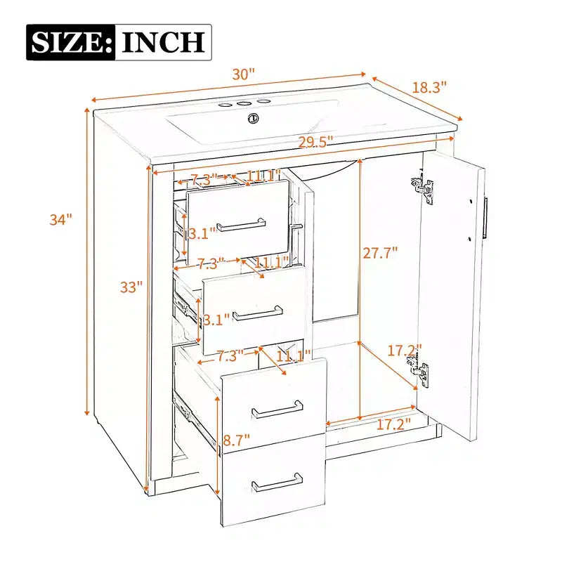 30 Zoll Einzelwaschtisch-Badschrank mit Unterschrank und 3 Schubladen – Schwarz / Blau / Grün / Indigo / Weiß
