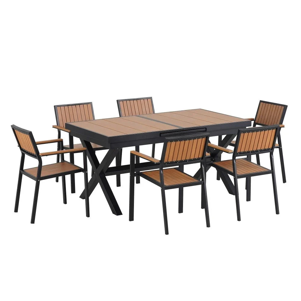 Modernes 7-teiliges Outdoor-Essgruppe mit sechs Stühlen und einem ausziehbaren Tisch für die Terrasse