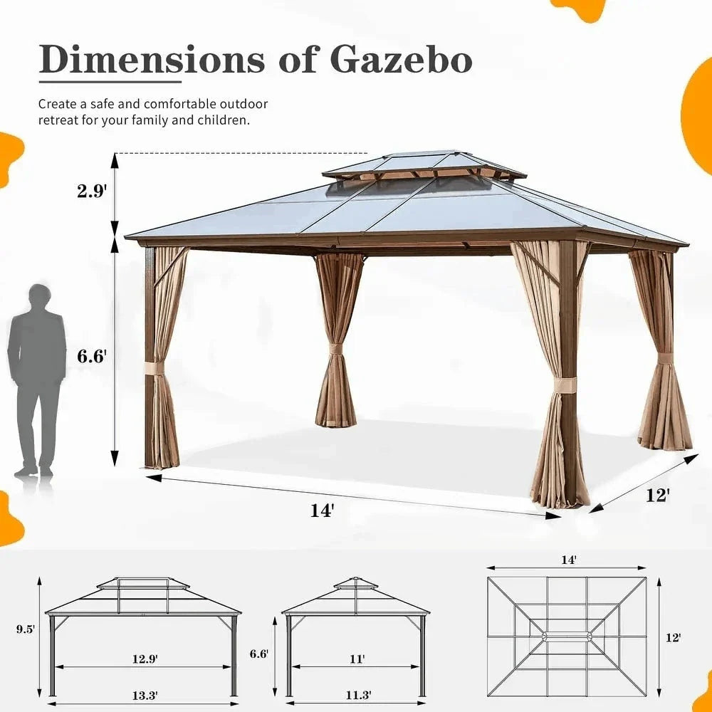 EROMMY Hardtop-Pavillon, Outdoor-Pergola mit Doppeldach & Netzen & Vorhängen, Hochleistungs-Canopy für Terrasse, Garten, Poolparty
