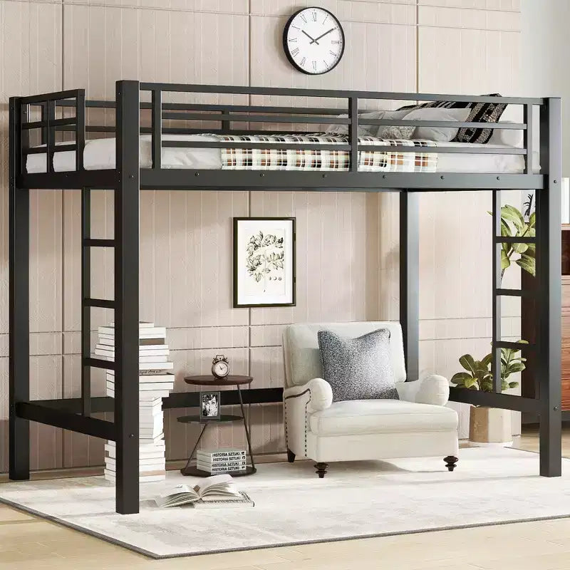 Metall-Hochbett, platzsparendes Hochbettgestell mit zwei Leitern und Schutzgittern, Schwarz – ModernLuxe