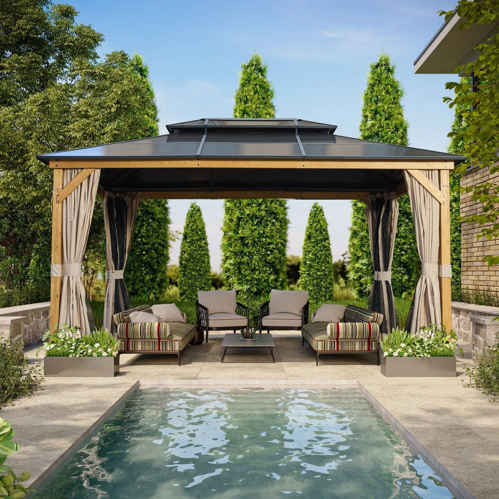 EROMMY Hardtop-Pavillon, Outdoor-Pergola mit Doppeldach & Netzen & Vorhängen, Hochleistungs-Canopy für Terrasse, Garten, Poolparty