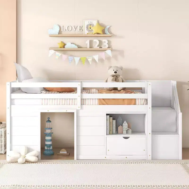 Okak Massivholz-Hochbett mit Treppe & Stauraum, Niedriges Etagenbett mit Schubladen & Regalen, Multifunktionales Hochbett für Kinder, Jugendliche