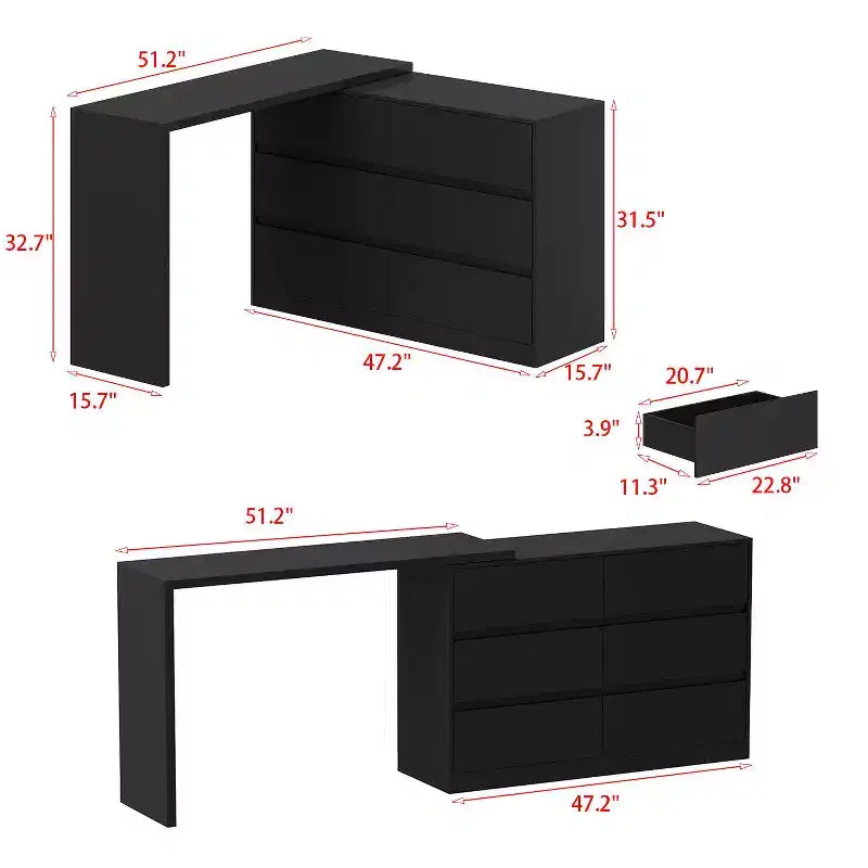 Intelligentes, drehbares/ausziehbares Buffet-Sideboard mit 6 Schubladen, erweiterter Arbeitsplatte, rutschfester Matte, drehbarem Esstisch, Kücheninsel-Vorratskammer