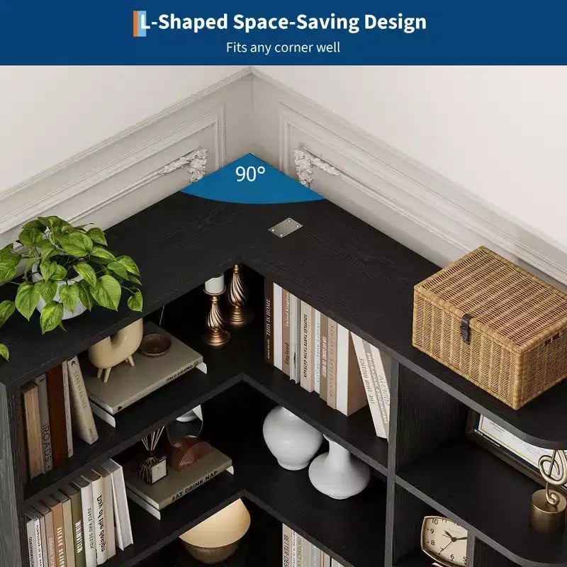 Eckregal, 74 großes Eckbücherregal, L-förmiges Bücherregal mit 6 Etagen, offenen Fächern und Aufbewahrungsschubladen für Wohnzimmer oder Heimbüro