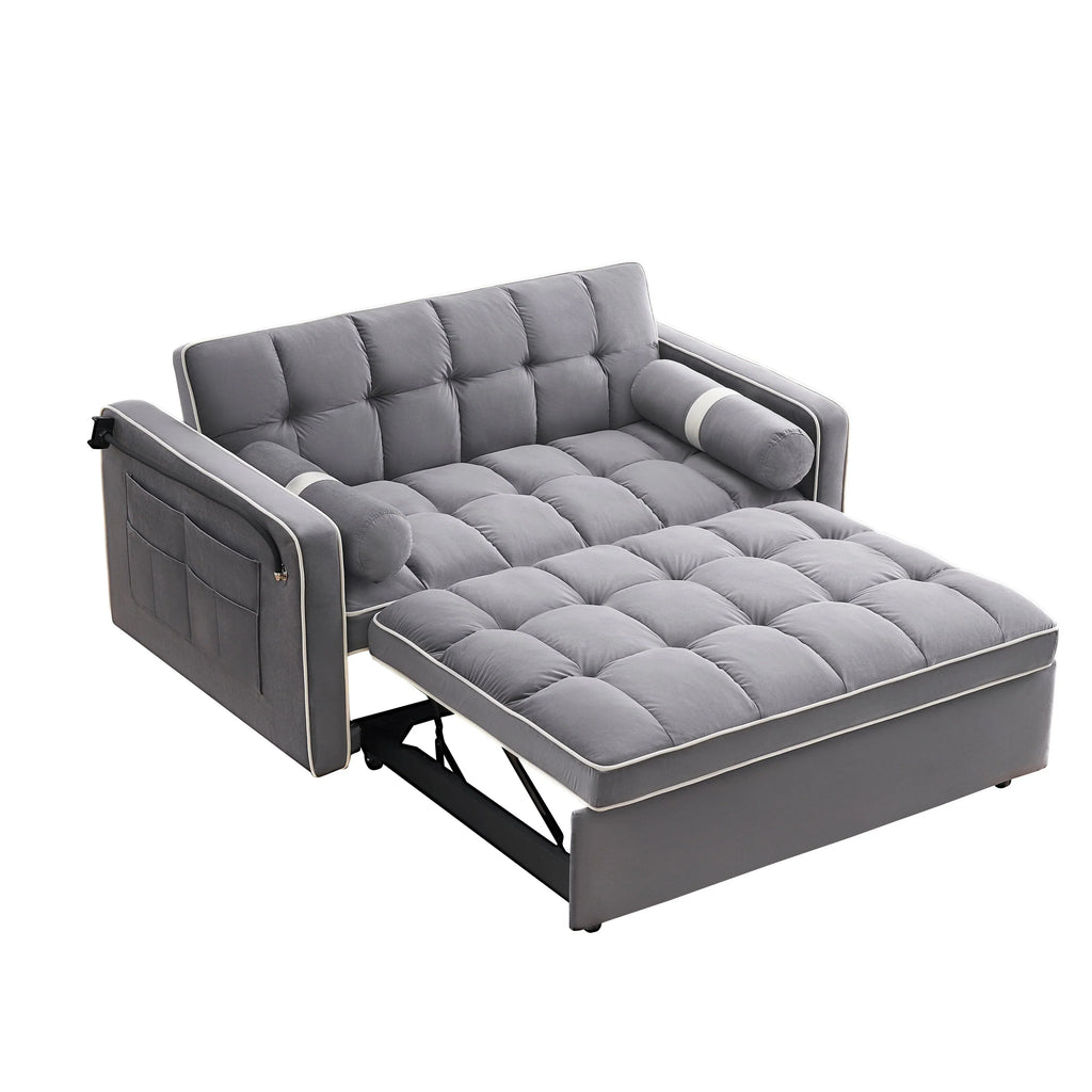 Samt-Schlafsofa zum Umbauen, 140 cm, 2-Sitzer, mit Ausziehbett, verstellbarer Rückenlehne, Seitentaschen und Handyhalterung