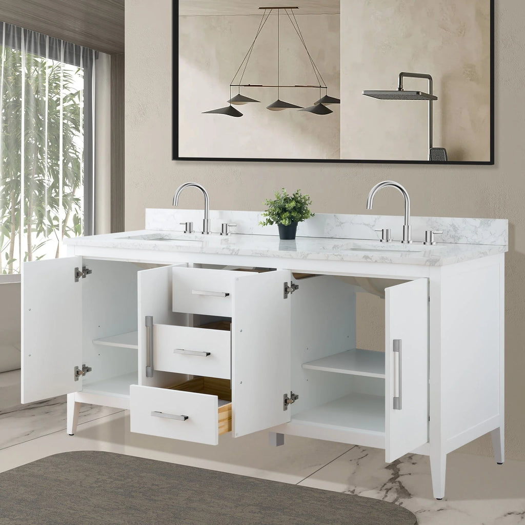 Vanity Art 72 Zoll Badezimmer-Waschtischunterschrank mit Doppelwaschbecken und Kunstmarmorplatte