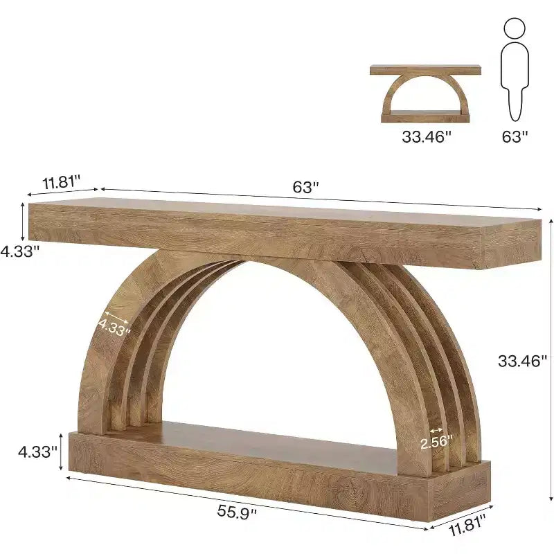 Lantine 63 Zoll Konsolentisch, 2-stöckiger Sofatisch für hinter das Sofa, schmaler einzigartiger Konsolentisch im Landhausstil mit Bogen für Flur, Wohnzimmer, Eingangsbereich, Natur