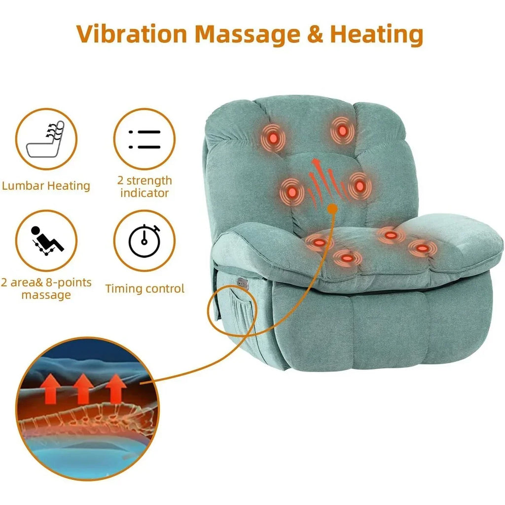 XINMICS Drehbarer elektrischer Relaxsessel, Massage-Schaukel-Liegesessel mit Heizfunktion, USB, USB-C und Seitentasche