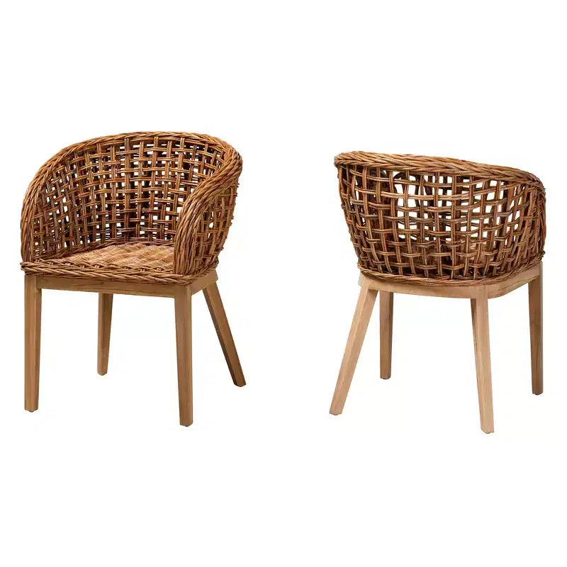 bali & pari Mario Modernes, böhmisches Esszimmerstuhl-Set, 2-teilig, aus Natur-Teakholz und Rattan