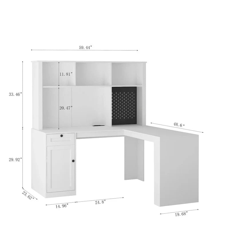 L-förmiger Schreibtisch mit Steckdose, Computertisch mit Schubladen, Regal & Aufsatz, Moderner Eckschreibtisch, Home-Office-Schreibtisch