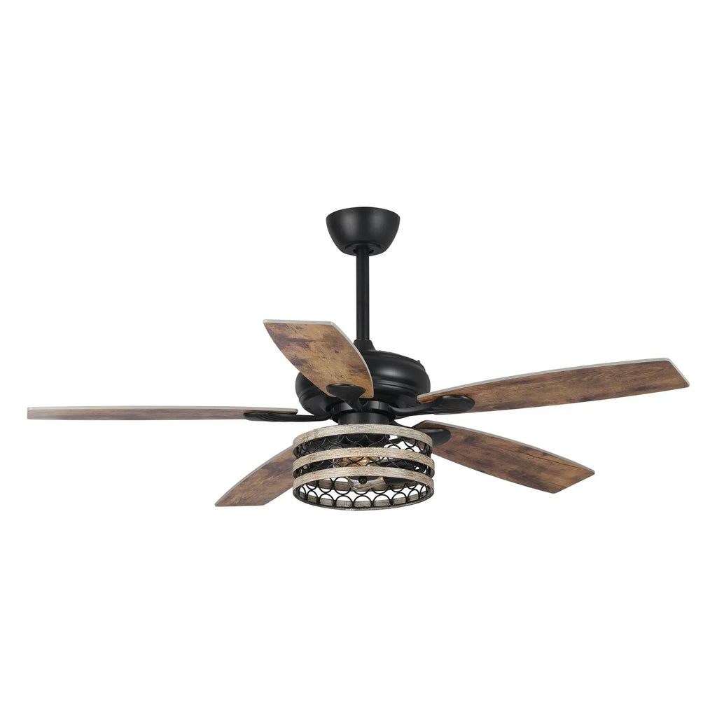 52 Farmhouse Driftwood 5-Flügel Deckenventilator mit Käfig in Schwarz und Fernbedienung