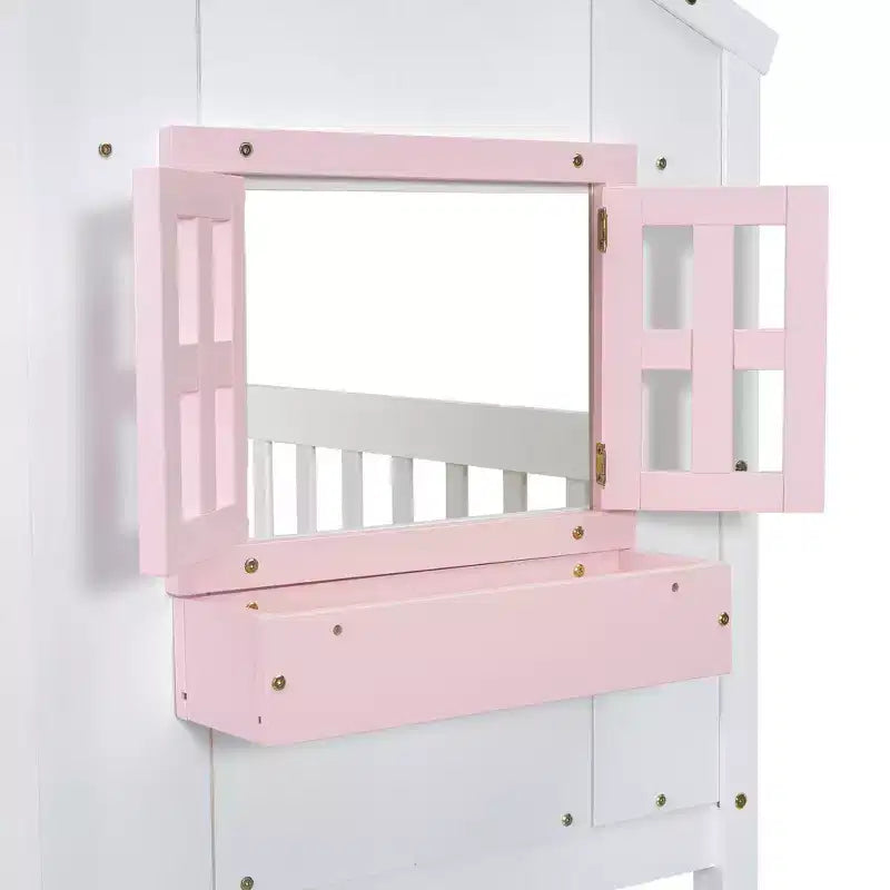 Doppel-Loftbett in Hausform, Holzspielhaus-Loftbett mit Leiter und Schutzgittern für Kinder