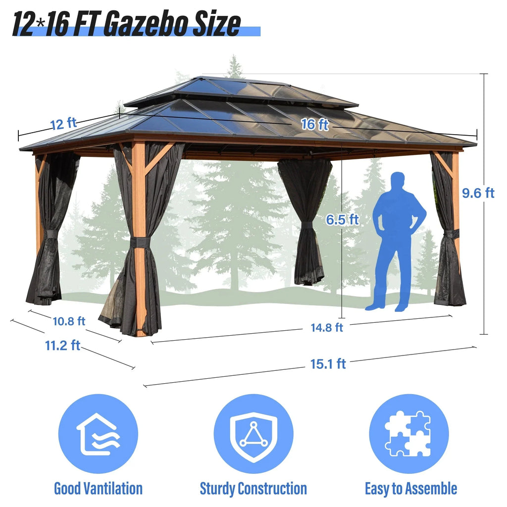 EROMMY Hardtop-Pavillon, Outdoor-Pergola mit Doppeldach & Netzen & Vorhängen, Hochleistungs-Canopy für Terrasse, Garten, Poolparty