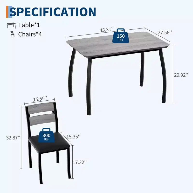 5-teiliges Küchenstuhl- und Tischset mit Metallrahmen und abgeschrägtem Design