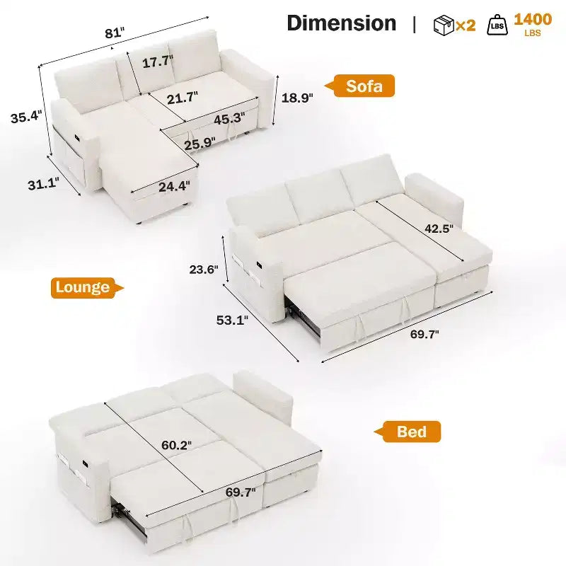 Dyonery 81 Sektional-Schlafsofa, L-förmige Ausziehcouch mit beidseitigem Stauraum, USB, verstellbare Rückenlehne