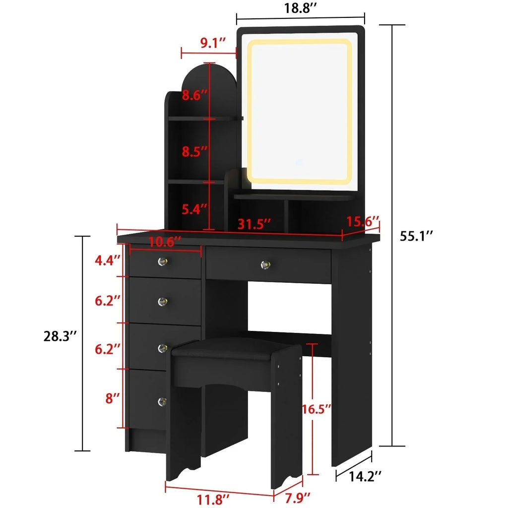 Schminktisch-Set mit LED-Beleuchtung, Spiegel und Hocker