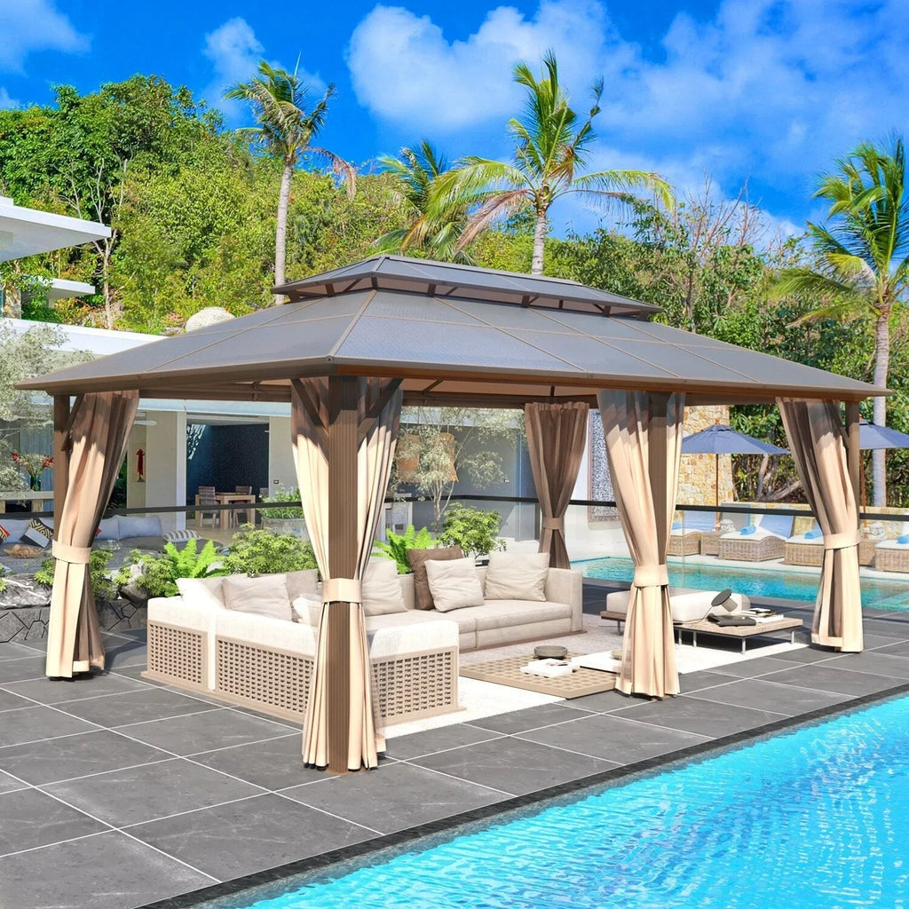 EROMMY Hardtop-Pavillon, Outdoor-Pergola mit Doppeldach & Netzen & Vorhängen, Hochleistungs-Canopy für Terrasse, Garten, Poolparty