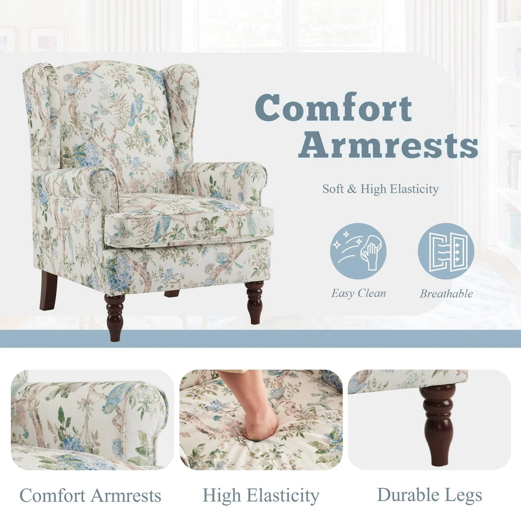 Erommy Moderner Akzentsessel, Hochlehniger Sessel, Gepolsterter Stoff-Knopf-Einzelsessel mit Holzbeinen für das Wohnzimmer