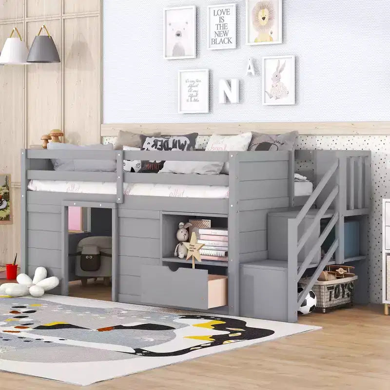 94.6L x 42.3B Massivholz-Hochbett in Twin-Größe mit Treppe, Schublade und Regal, modernes und klares Design