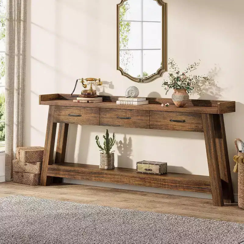 Lantine 2-stöckiger Sofatisch mit 3 Schubladen, 180 cm Konsolentisch mit erhöhter Ablage und Staufächern für Wohnzimmer, Flur, Eingangsbereich