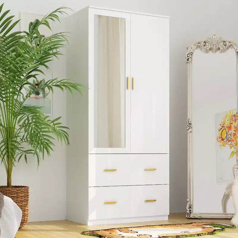 Hitow Kleiderschrank mit zwei Schubladen und Spiegeltür, zonierte Aufbewahrung