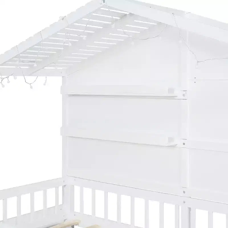 Hausbett in Twin-Größe mit Ablageregalen und Rausfallschutz, Montessori-Bettrahmen aus Holz für Kinder mit Fenster und glitzerndem Lichtband