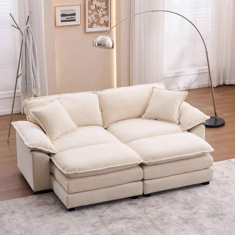2-Sitzer-Sofa mit 2 Kissen, 2 Polstern und 2 Hockern, bequemes Sofa – Tiefes Wohnzimmersofa, Modulsofa