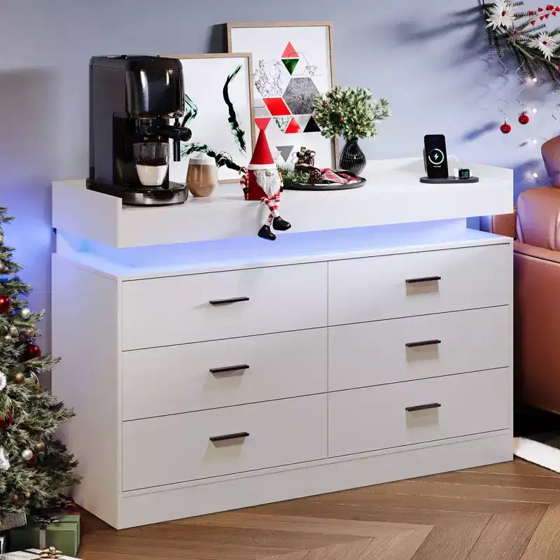 Moderner TV-Schrank mit 6 Schubladen & LED-Beleuchtung, schwebende Arbeitsplatte als Kaffeebar für Wohnzimmer Entertainment Center