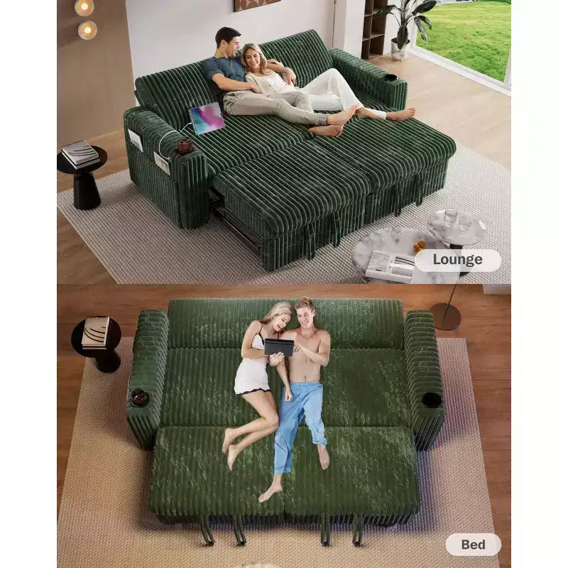 Dyonery 91 Sektional Schlafsofa mit Ausziehbett, verstellbarer Rückenlehne/zwei Ausziehbetten/USB-Anschlüssen/Getränkehaltern, Plüsch-Kordbezug