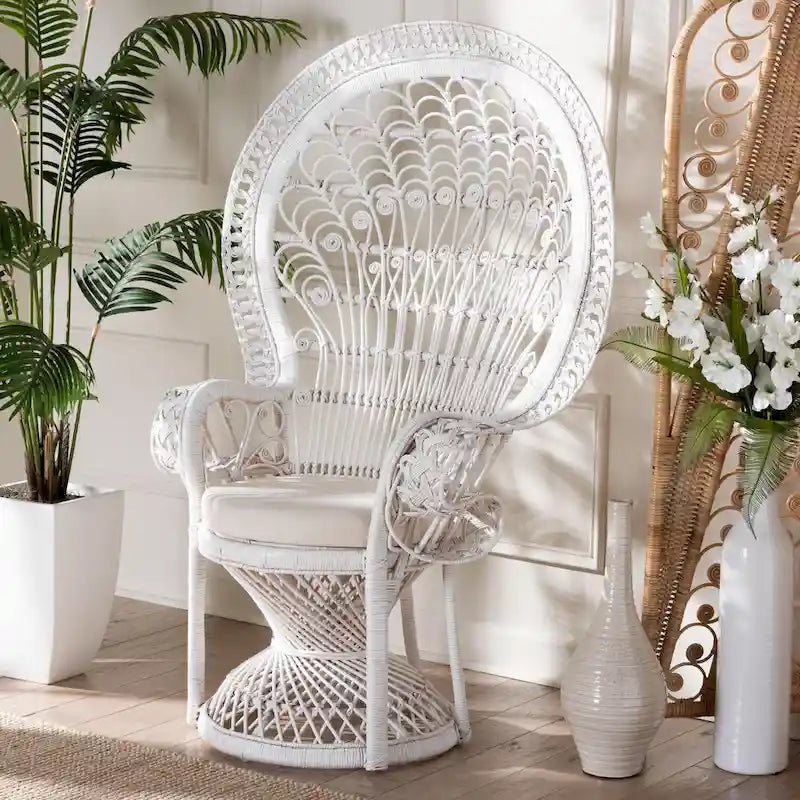 Kallima Moderner Bohemian Weißer Naturrattan-Pfauenstuhl