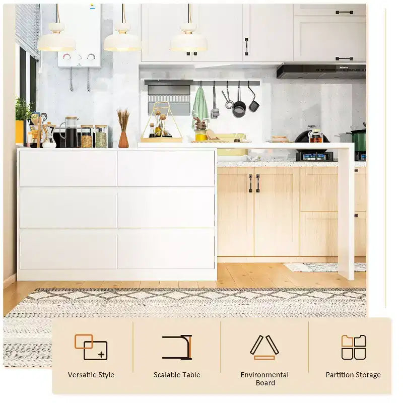 Intelligentes, drehbares/ausziehbares Buffet-Sideboard mit 6 Schubladen, erweiterter Arbeitsplatte, rutschfester Matte, drehbarem Esstisch, Kücheninsel-Vorratskammer