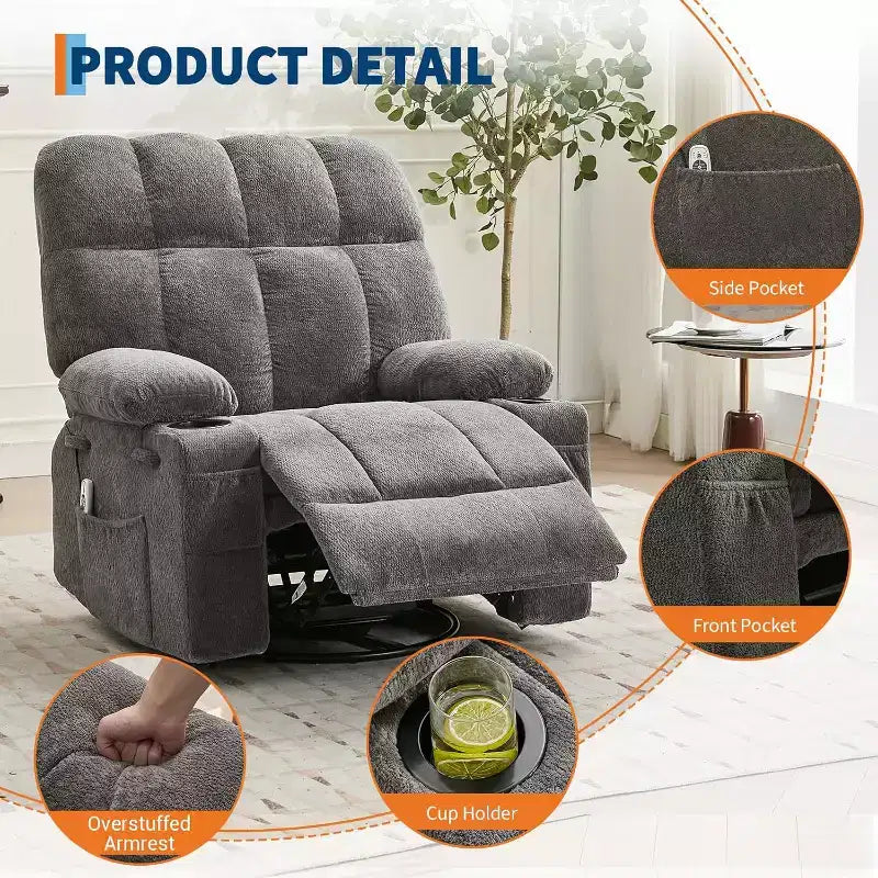 Übergroßer Relaxsessel für Erwachsene, Manueller Dreh-Schaukelsofa, Seitentaschen & Getränkehalter für Große und Schwergewichtige, Wohnzimmer