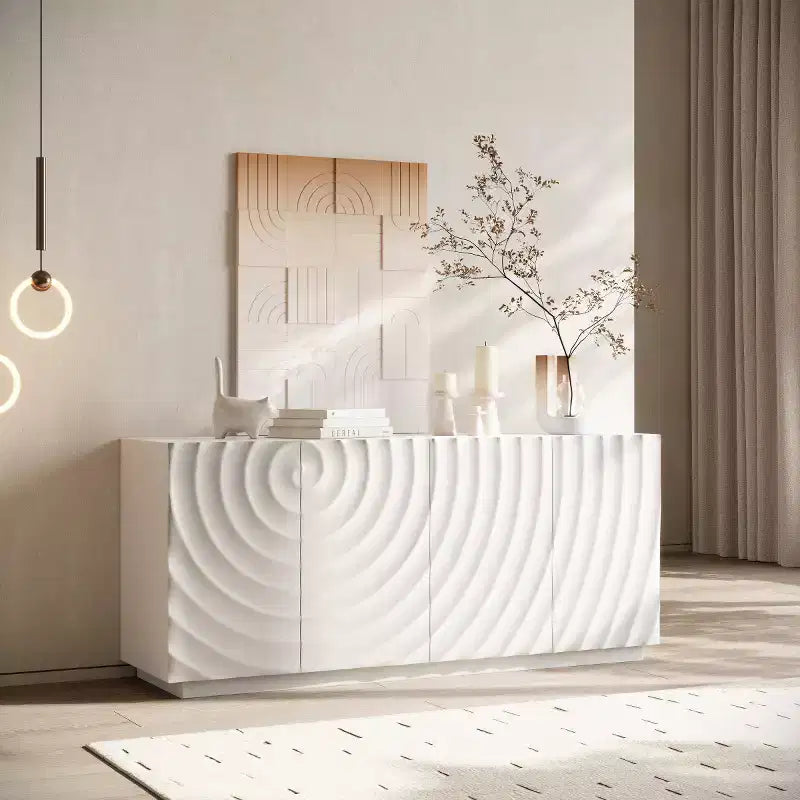 59 Modernes Spiral-Sideboard-Buffetschrank, flaches Kunst-Eingangs-Aufbewahrungsschrank mit 3D-Riffeltextur-Türen