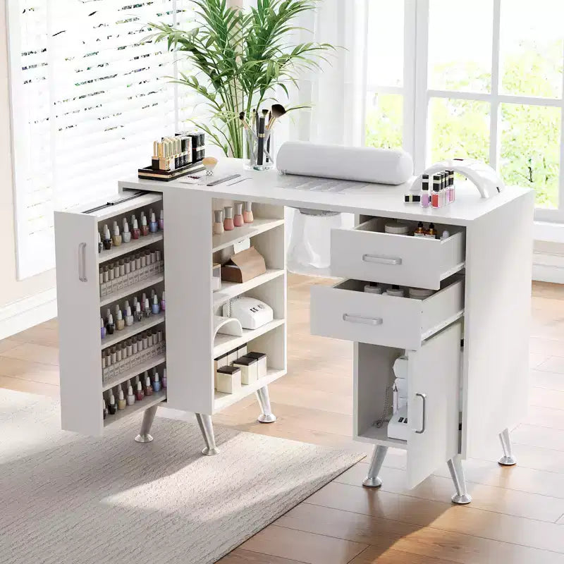 GustoWave 42,5 Zoll Manikürtisch Nagelstation mit Handauflage und Staubabsaugung, Nageltisch mit vertikal ausziehbarem Schrank, Weiß