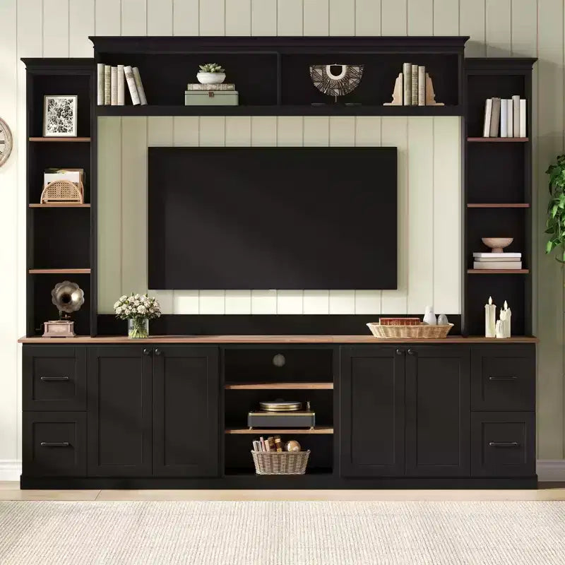 ModernLuxe 4-in-1 Bauernhaus Unterhaltungszentrum Wandregal, passend für Fernseher bis 70 Zoll, TV-Ständer Medienkonsole mit verstellbaren Regalen und Schubladen